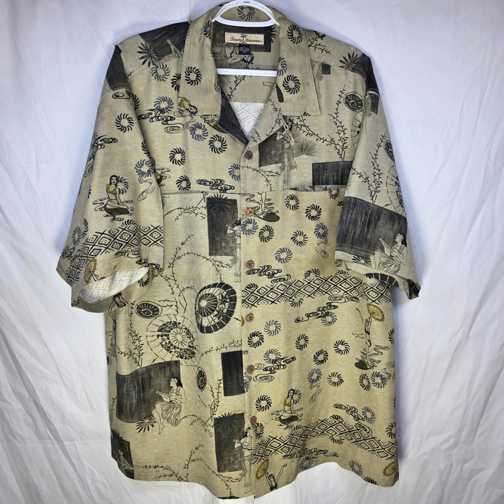Tommy Bahama Mens Large Silk Hula Girl Camp Shirt Tan RN 86549